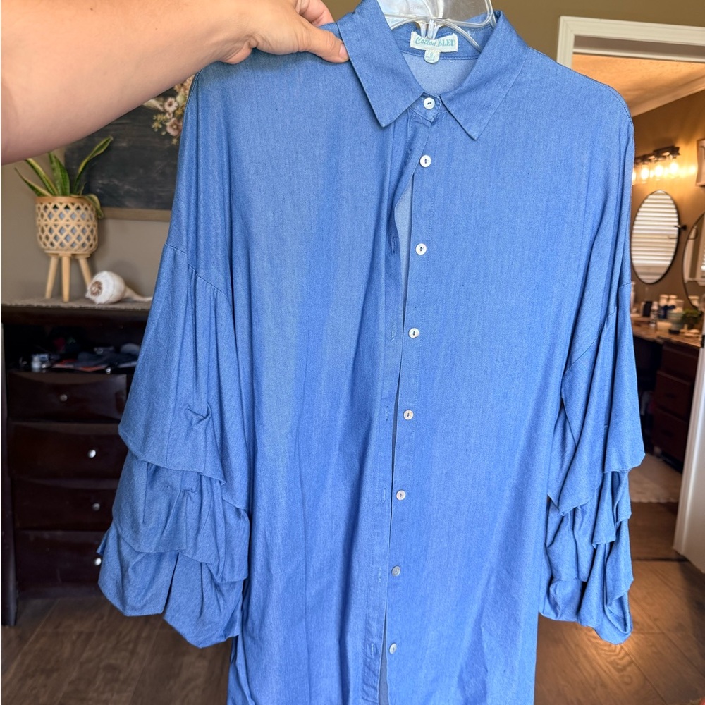 Cupshe Denim Button-Up Ruffle Sleeve Shirt